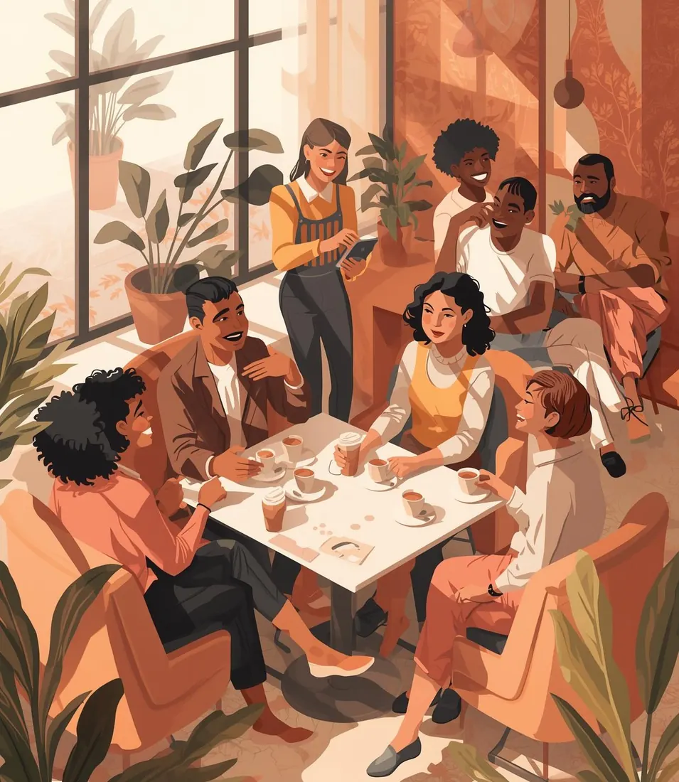 Eight adults gathered around a café table with coffee mugs and warm light through tall windows