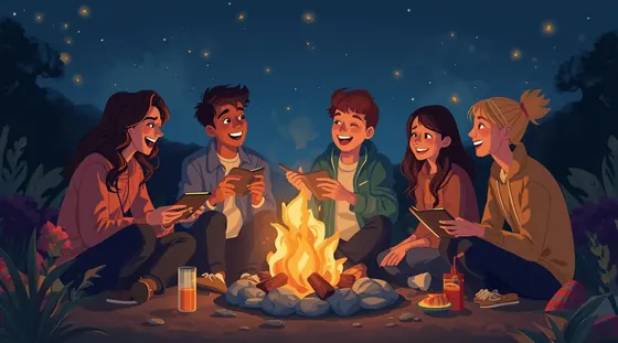 Five adults sitting around a campfire under a starry evening sky