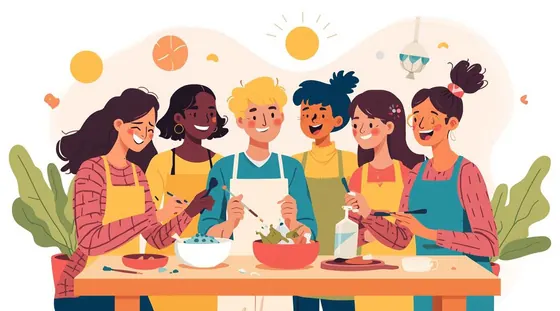 Six adults preparing food together around a kitchen island, smiling