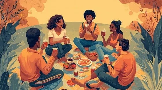 Five adults sharing food on a picnic blanket on a sunny afternoon